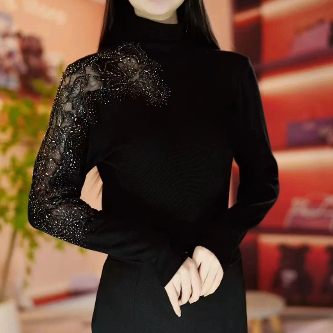 秋冬新款洋气时尚百搭德绒保暖镂空烫钻打底衫女士半高领长袖上衣