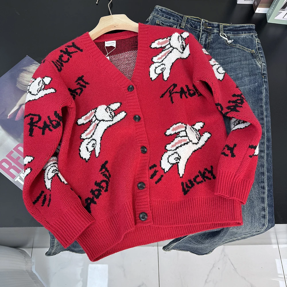 秋冬情侣款兔子提花加厚针织毛衣开衫12964