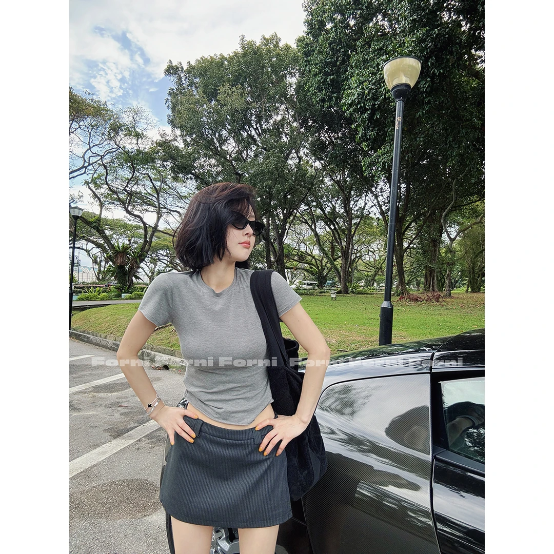 FORNI 金姐半永久T 春季新款修身打底衫纯色短款正肩短袖T恤女