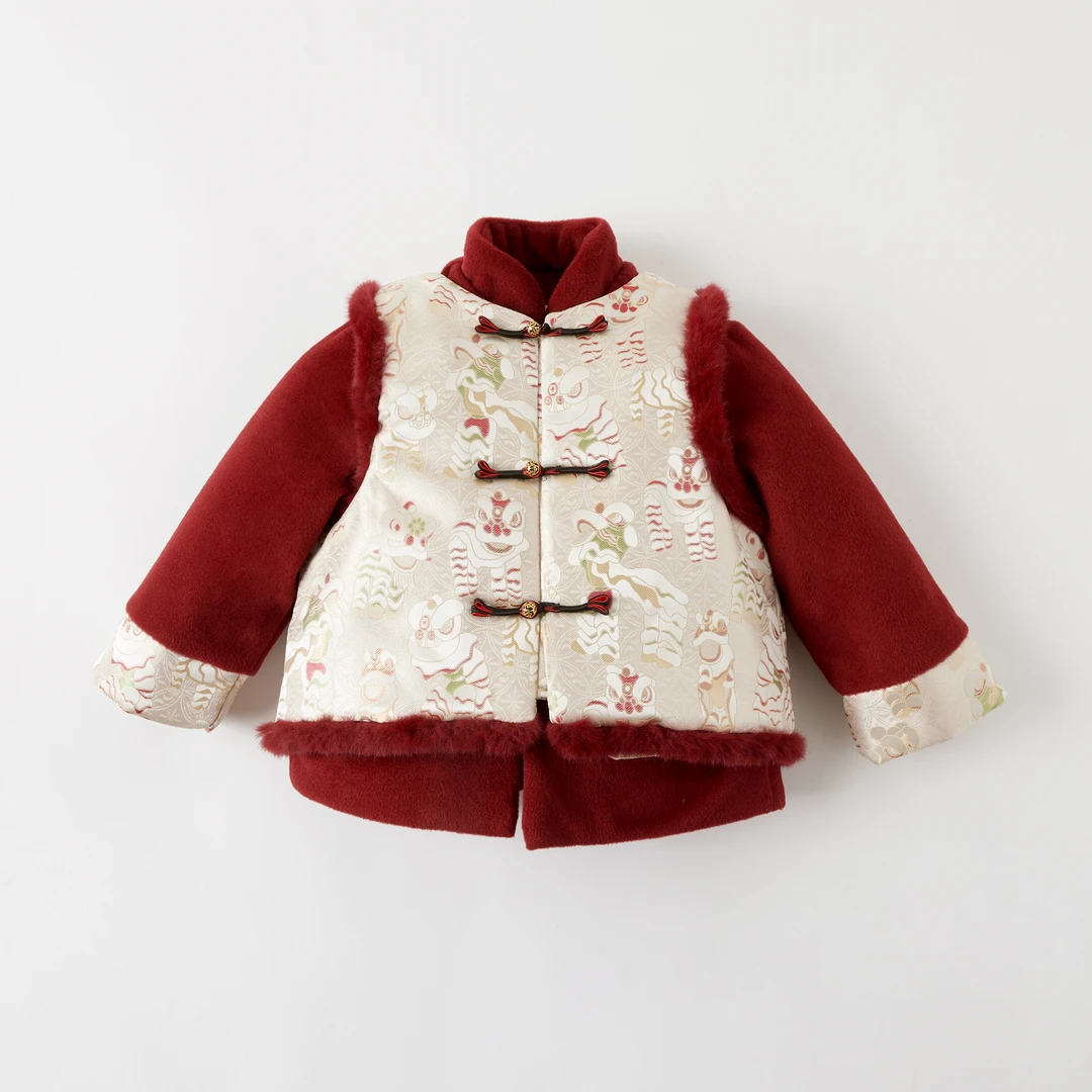 【舞狮迎春】之一2024冬季儿童新中式中古风年装棉服套装MJD246640