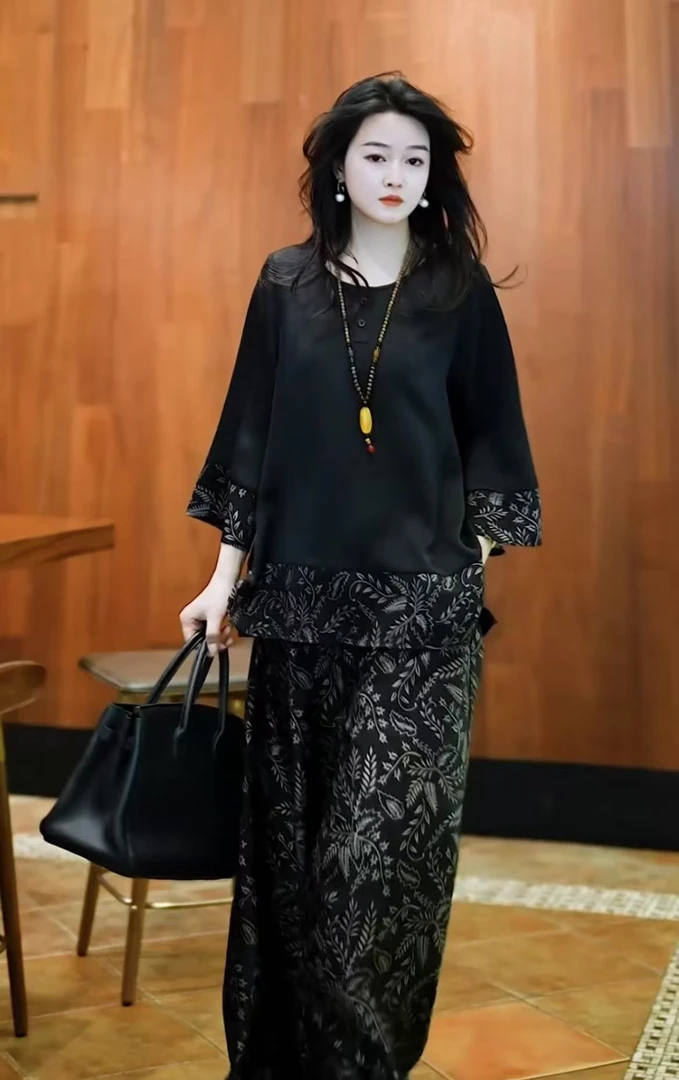 春款上新【云水谣】时尚大码显瘦中老年气质宽松上衣裤子套装-8087#