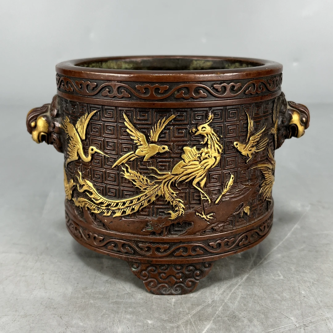 仿古瓷 仿古大明宣德年制紫铜鎏金百鸟朝凤筒式炉