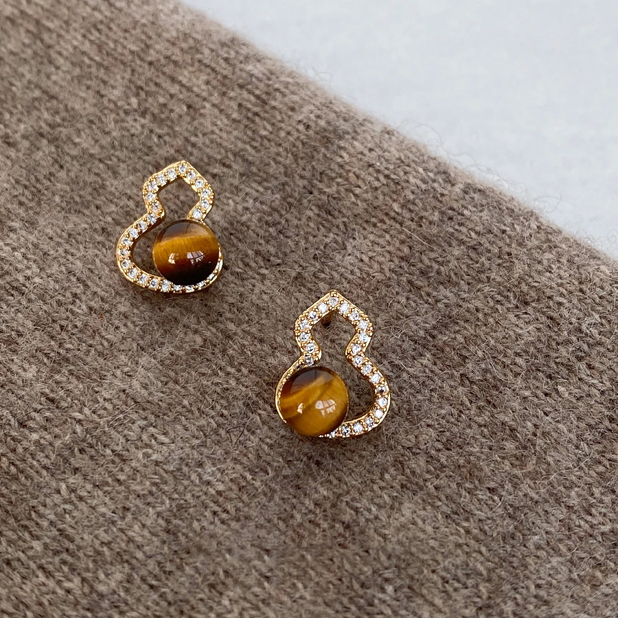 铜合金耳饰 复古虎眼石葫芦福禄耳钉女秋冬高级感耳环美拉德耳饰