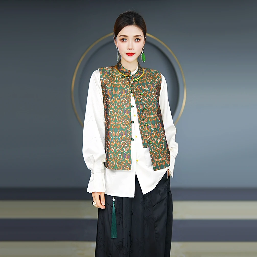 龙凤共舞-如歌年代春季新款新中式高档提花缎面马甲立领盘扣女装