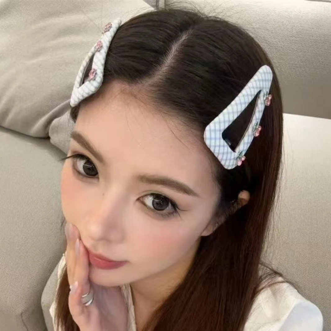 韩国新款彩色格纹水钻樱桃几何三角发夹甜美可爱刘海夹侧边夹发饰