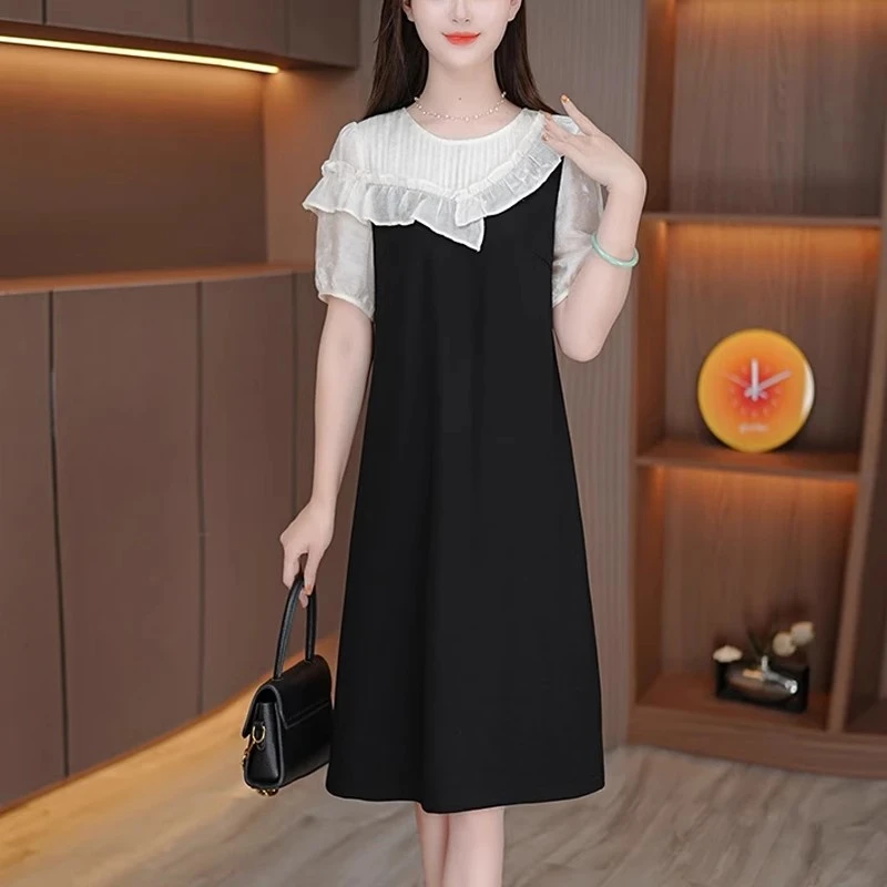 时尚假两件连衣裙女2025夏季新款宽松遮肚显瘦中长款短袖休闲裙子