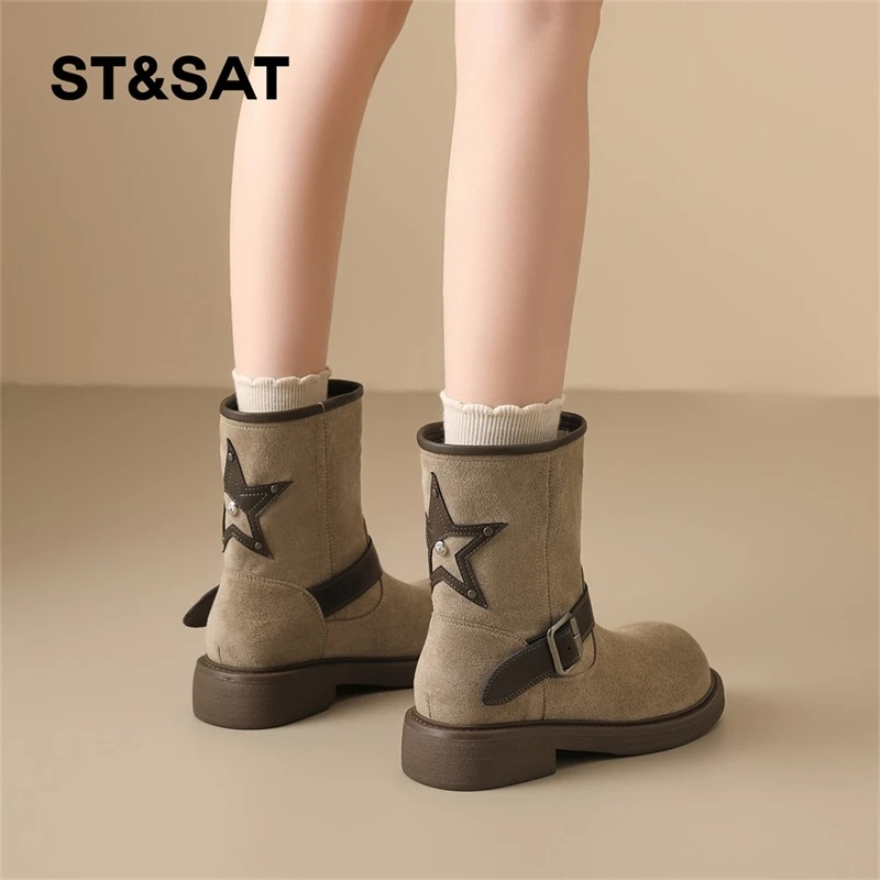 星期六复古马丁靴女2025秋季新款皮带扣粗跟短靴子磨砂西部骑士靴