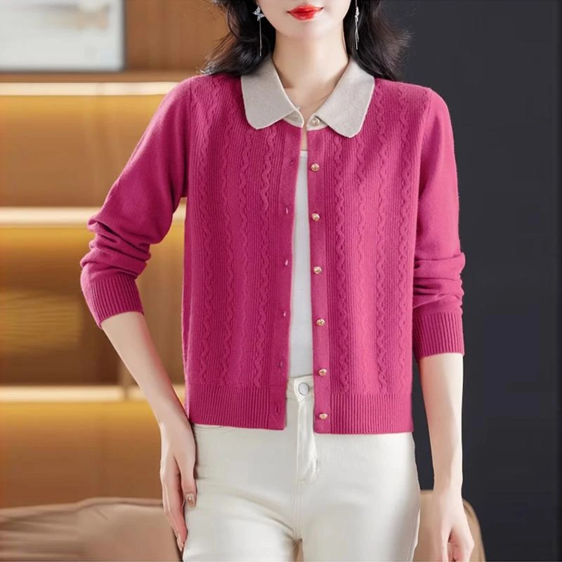 春秋毛衣针织开衫百搭外套毛衫女新款翻领减龄拼色宽松外搭短上衣