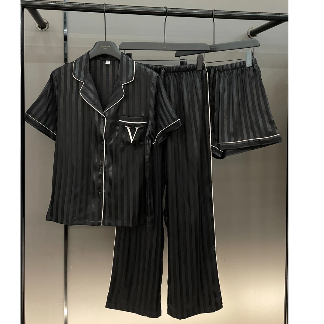 【黑白骑士-短款三件套】小众设计条纹高级感家居服长袖睡衣套装