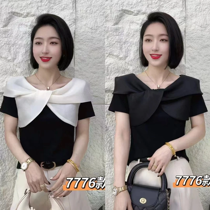 【现货 】2025新品法式交叉领洋气t恤显瘦短袖87776