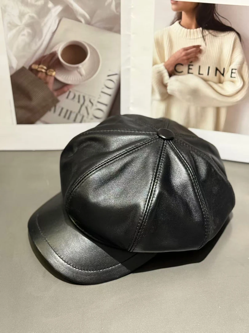 2025新款羊皮帽韩版百搭八角帽英伦复古黑色显脸小网红贝雷帽