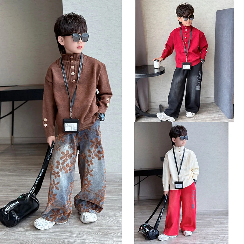 男童冬季韩版简约高领套头长袖针织衫中大童植绒提花加绒牛仔裤