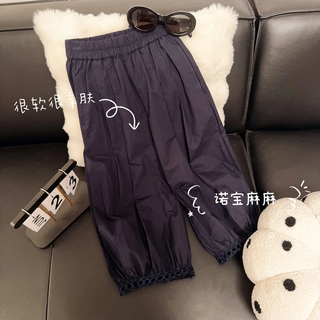女童休闲裤2025夏季新款薄款灯笼裤宽松显瘦镂空花边九分裤阔腿裤