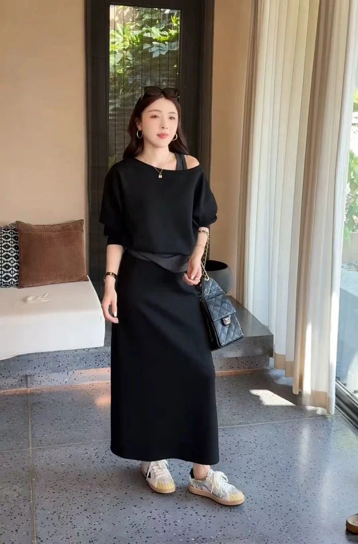 巨好看的两件套早秋欧货时尚慵懒风休闲假两件露肩卫衣半身裙套装