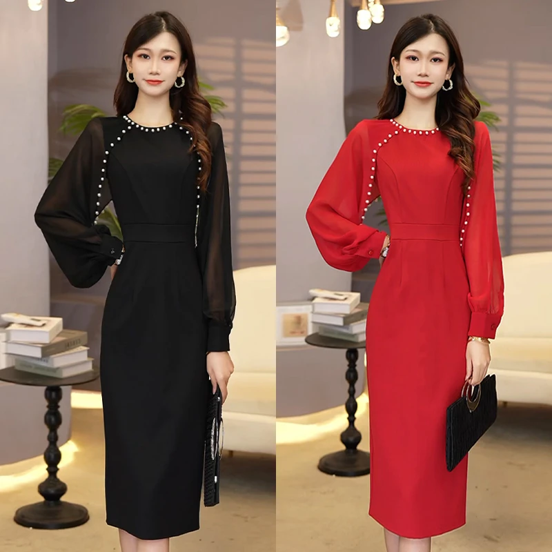 【文】珍珠灯笼袖连衣裙2024秋季新款气质显瘦长袖法式收腰重工2637