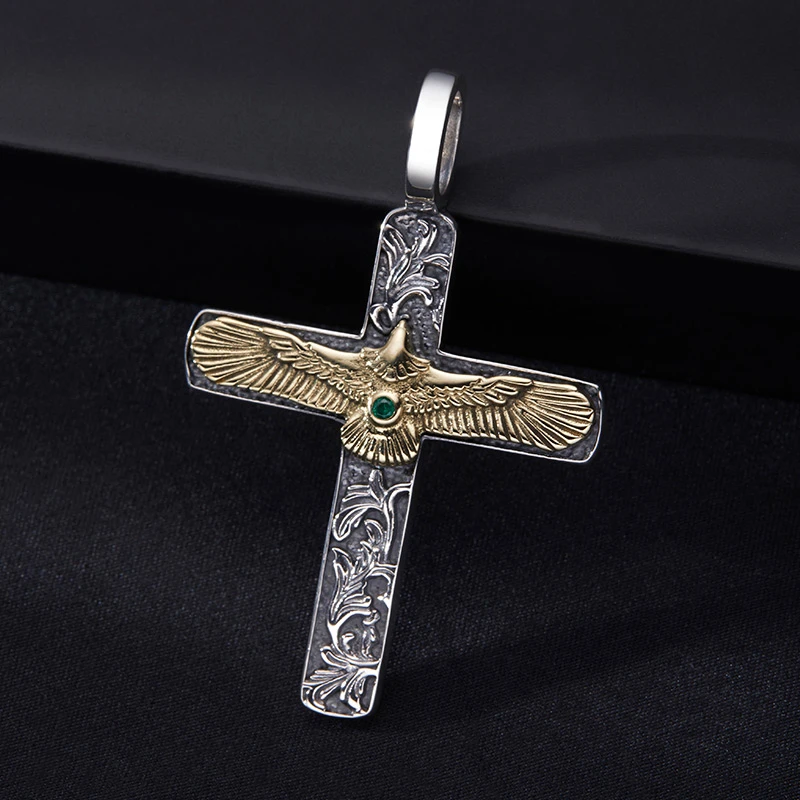 吊坠925银 十字架项链男朋克风飞鹰男士手工时尚复古欧美个性挂坠