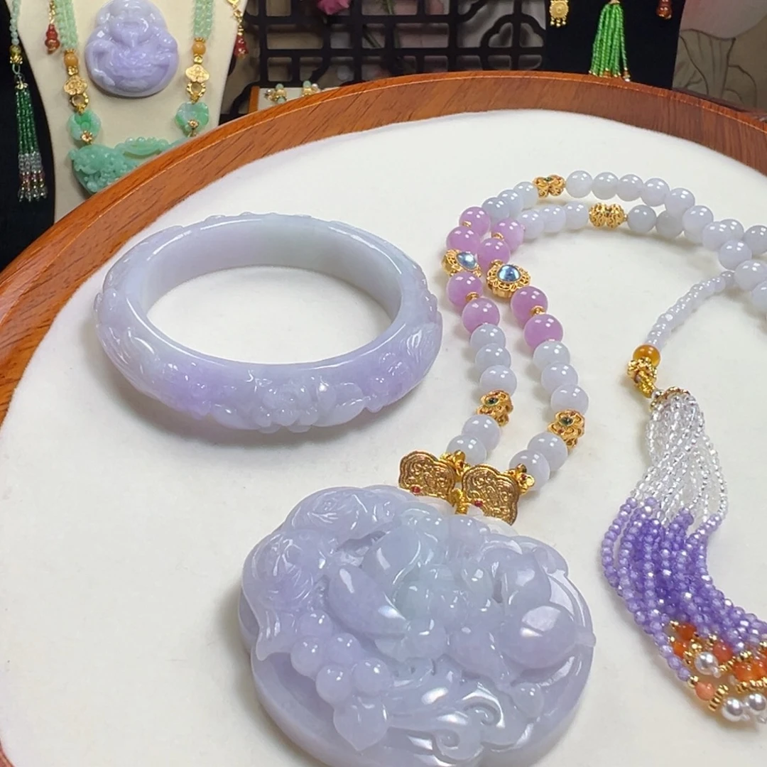 翡翠未镶嵌毛衣链冰紫套镯