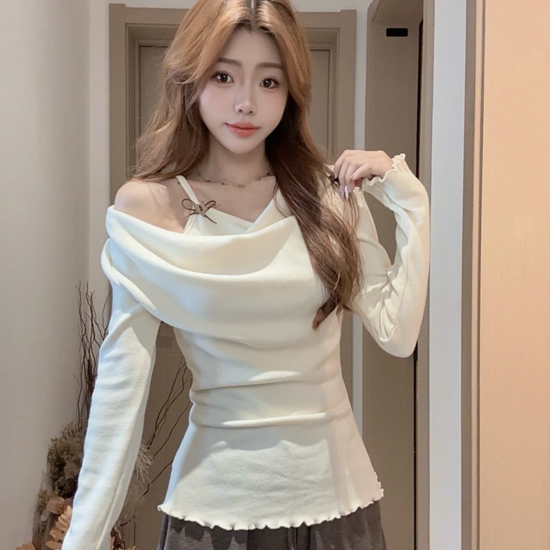 韩系纯欲温柔气质立体花朵荡领长袖露肩上衣