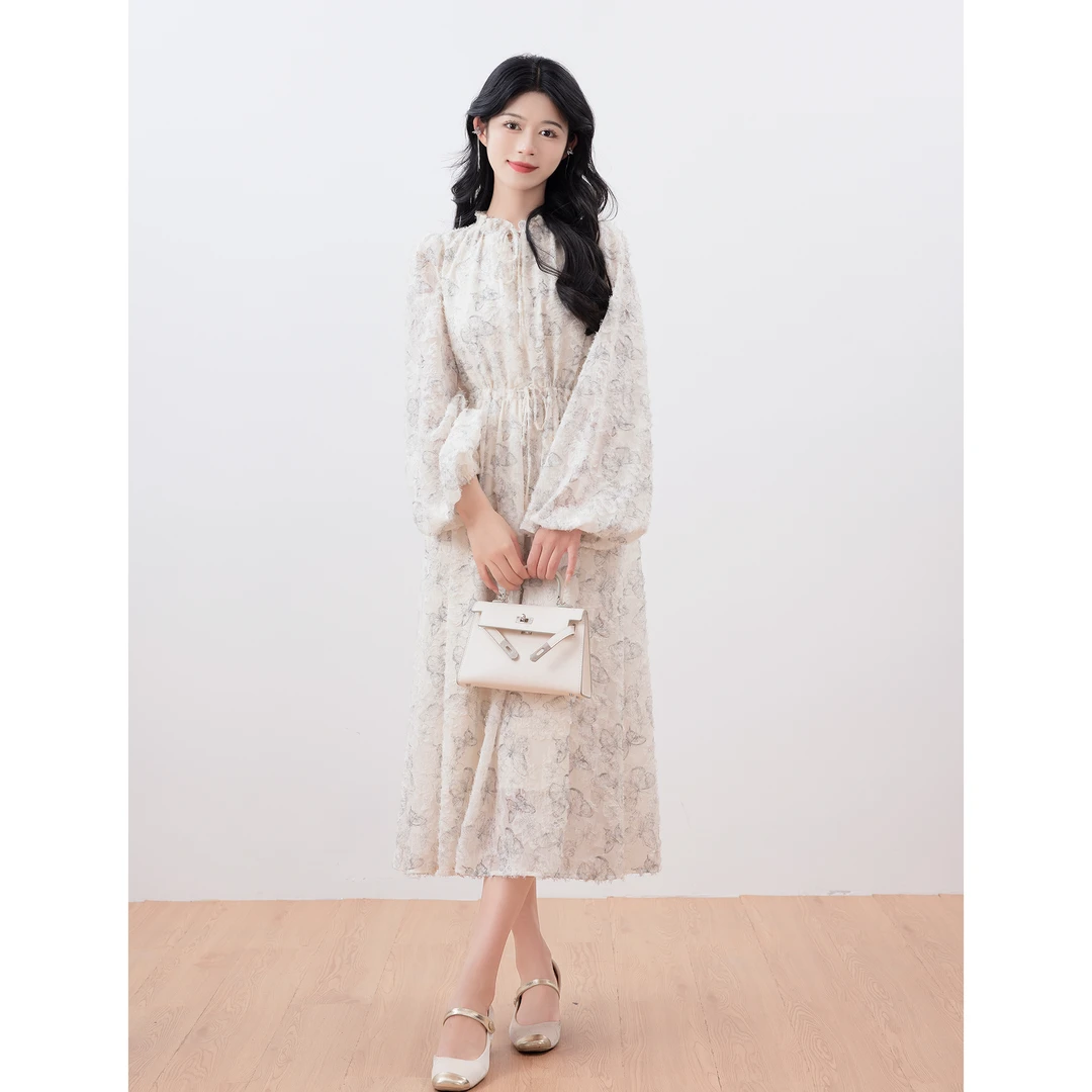 1077春秋新款高级感显瘦雪纺印花连衣裙长裙2024早春新款茶歇法式