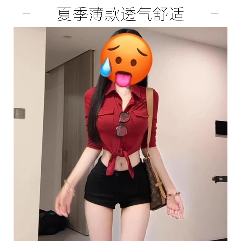 小衫辣妹穿独特长袖衬衫女短款衬衣夏季新款单翻领超红色好看修身