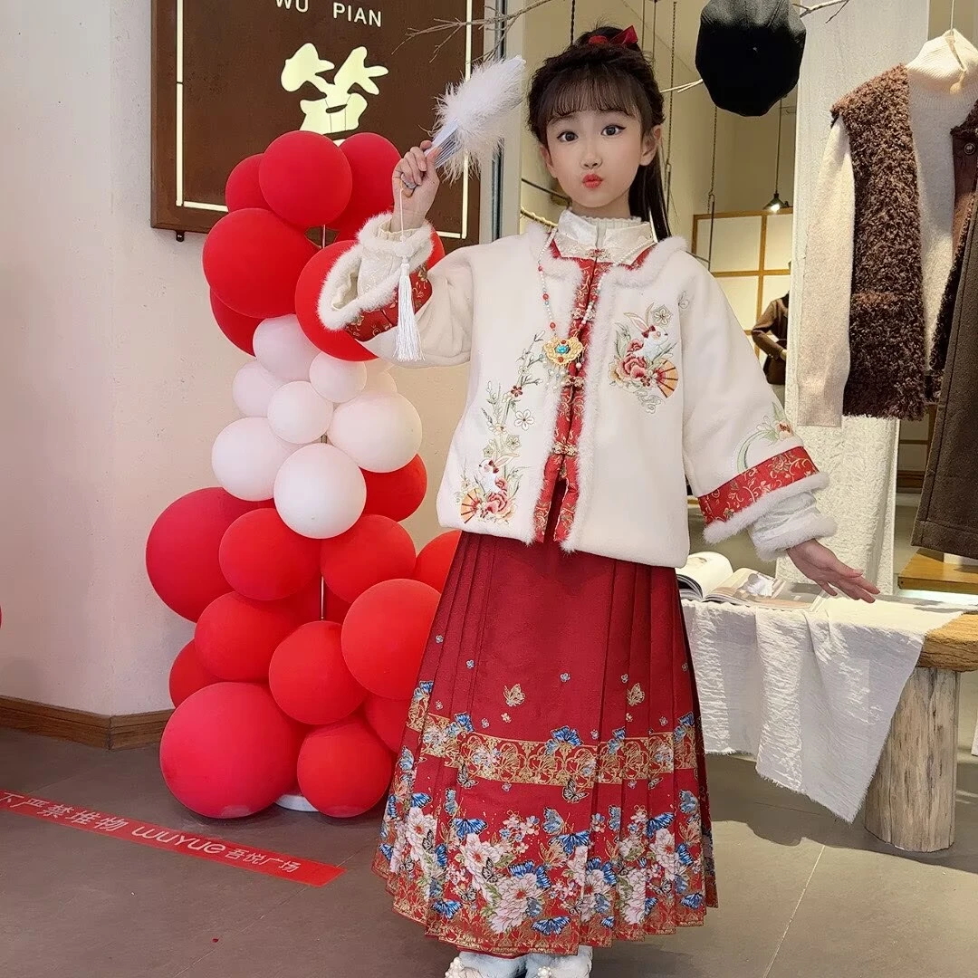 女童新款2025年服织金马面裙中大童女孩古风棉服过年拜年服套装