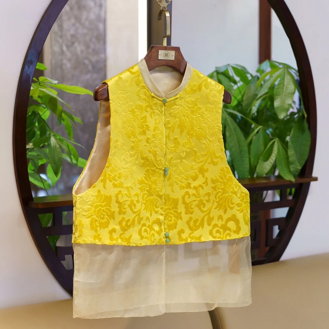 【锦系~新款】漳绒拼欧根纱桑蚕丝马甲背心-E-382519-ZRD4166778