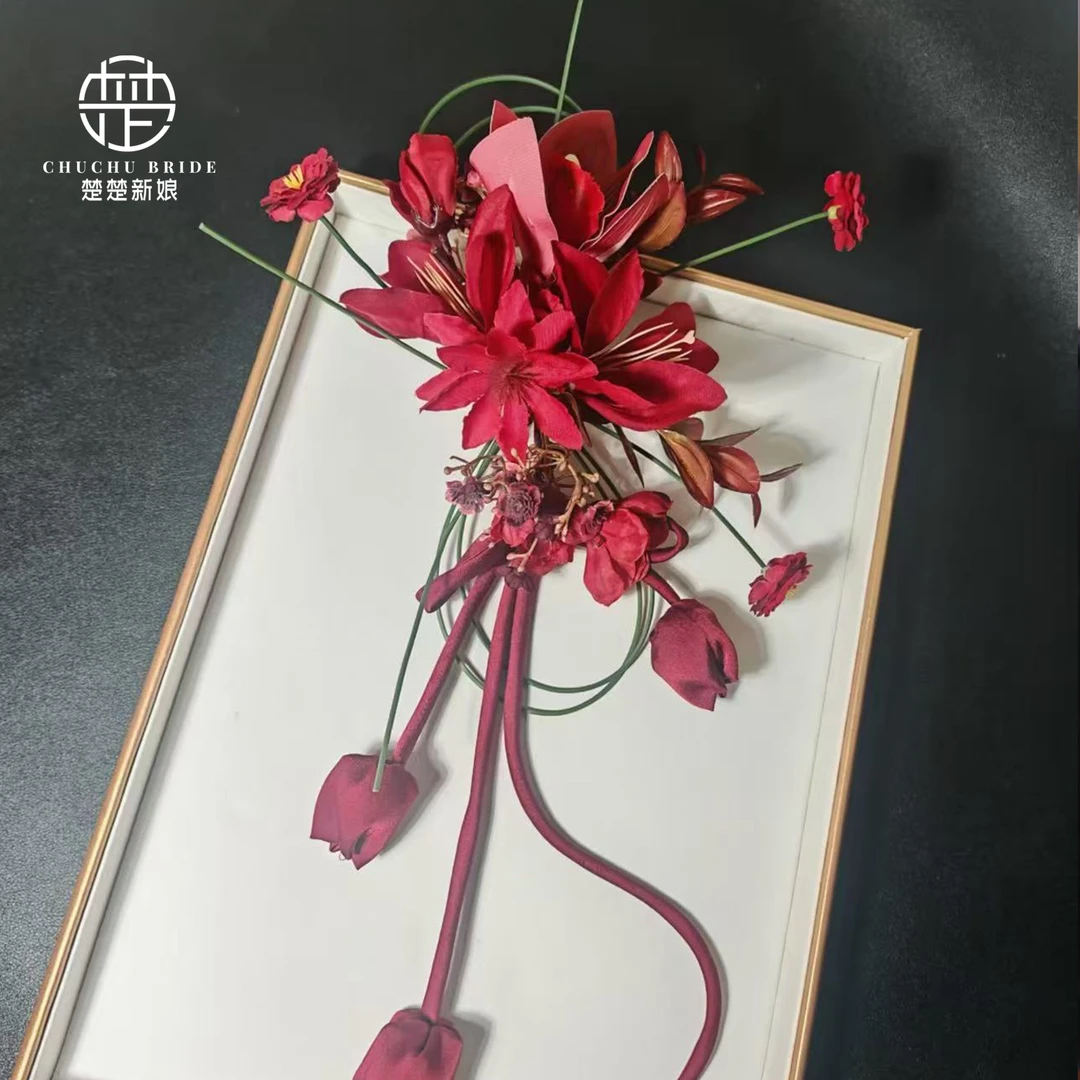 新款复古手工酒红色花朵简约敬酒服头饰新娘结婚旗袍发饰气质
