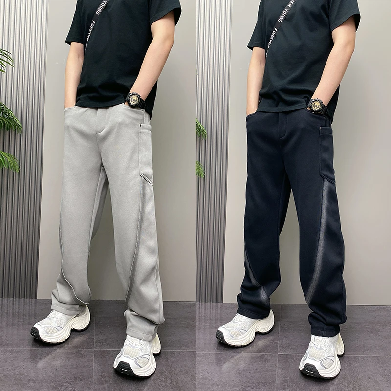 潮牌拼接宽松休闲裤男秋季2025新款阔腿运动裤百搭帅气直筒弯刀裤