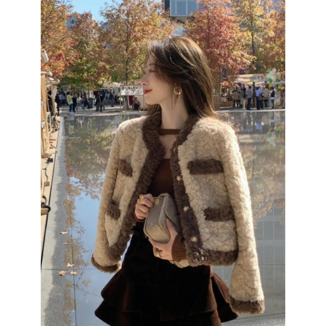 小香风仿羊羔毛保暖短款外套女秋冬2025新i秋季女短款羊羔毛外套