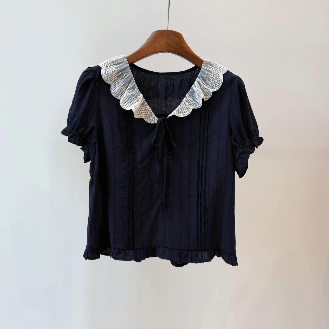 舒适百搭短袖V领刺绣海军领短款T恤b234