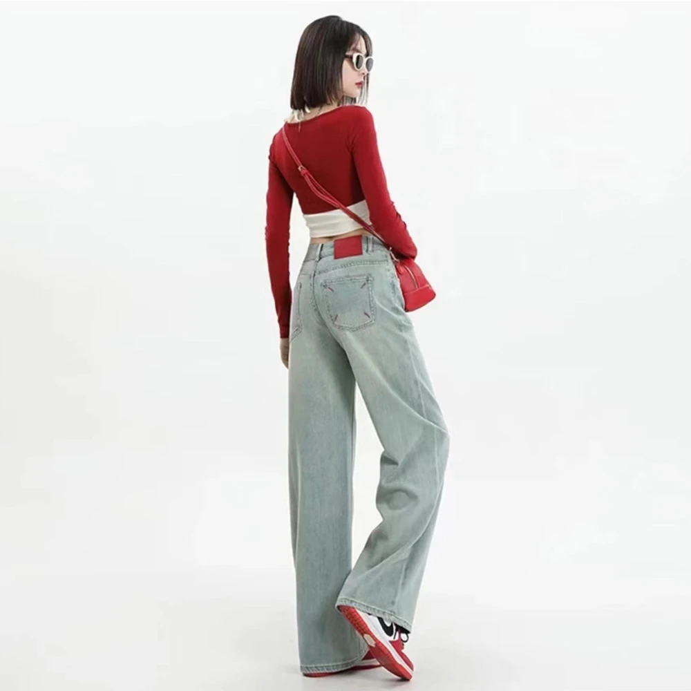 6108爆款阔腿牛仔裤女2025年春季新款窄版新中式国风高腰直筒裤