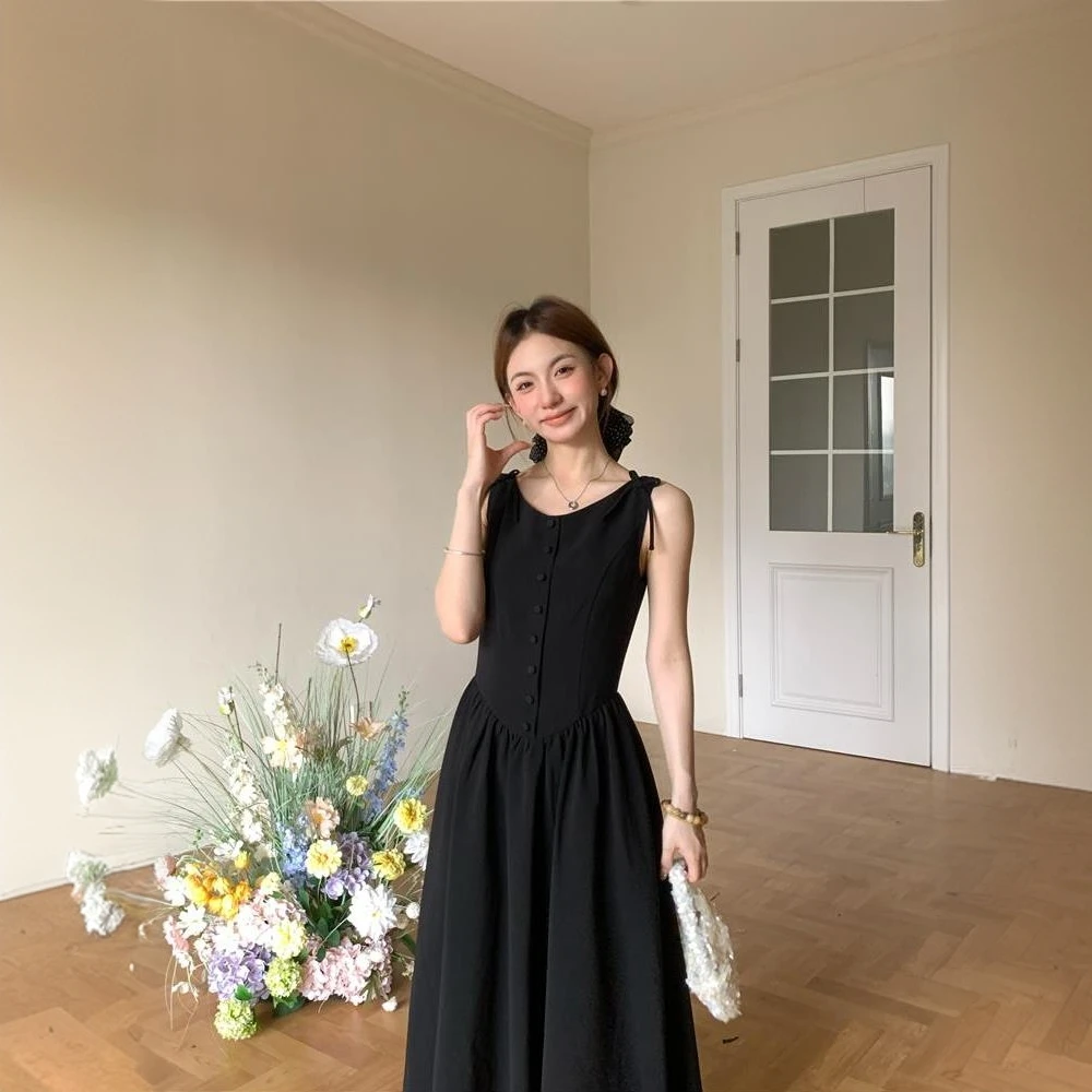 蒲恋《松露小黑裙》黑色无袖连衣裙女夏季设计感背心小众长裙子