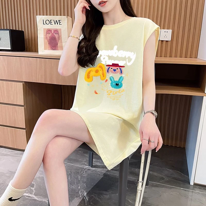 大码女装纯棉无袖背心宽松t恤女夏季中长款洋气减龄ins潮显瘦上衣