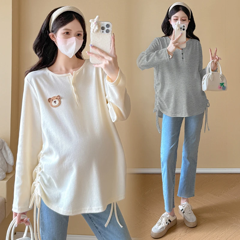 大码孕妇装长袖上衣2025秋季新款娃娃衫设计感纯棉抽绳显瘦200斤