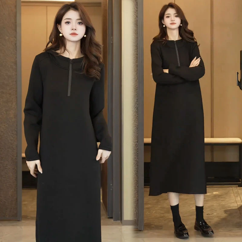 休闲连衣裙女2025秋季新款时髦洋气连帽半拉链遮肉显瘦长袖卫衣裙