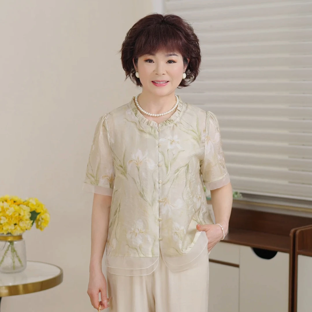 MUYUEZI/中年妈妈春夏新款洋气中老年时尚大码新中式印花上衣