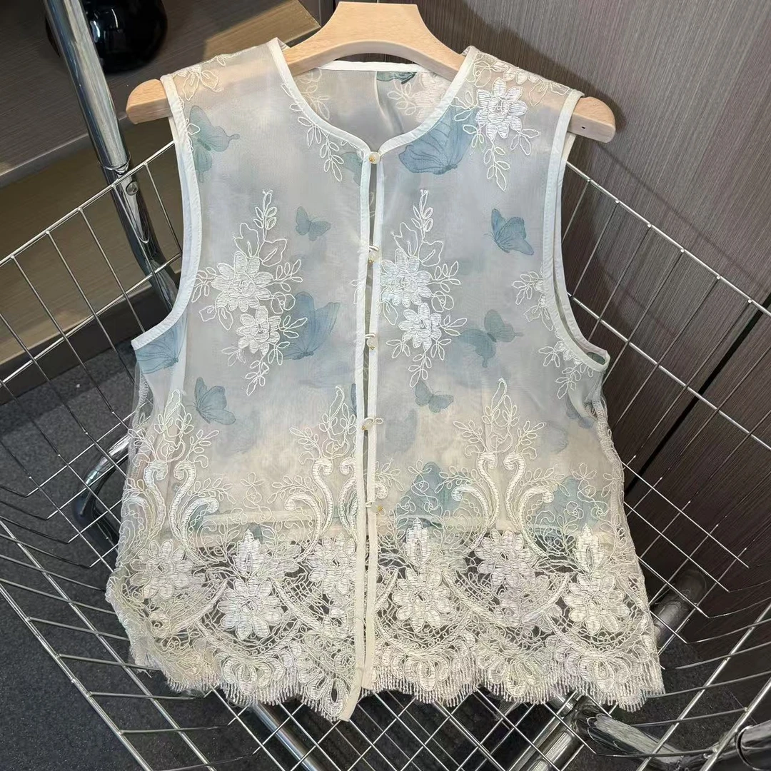 【蝶嫚】2025新款夏季马甲新中式宽松圆领绣花薄款气质上衣马夹女款