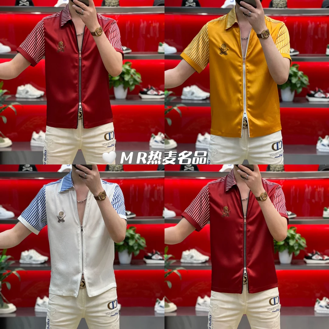 【星欧甄选】夏季衬衫双头拉链拼色条纹烫钻款男士时尚舒适翻领短袖