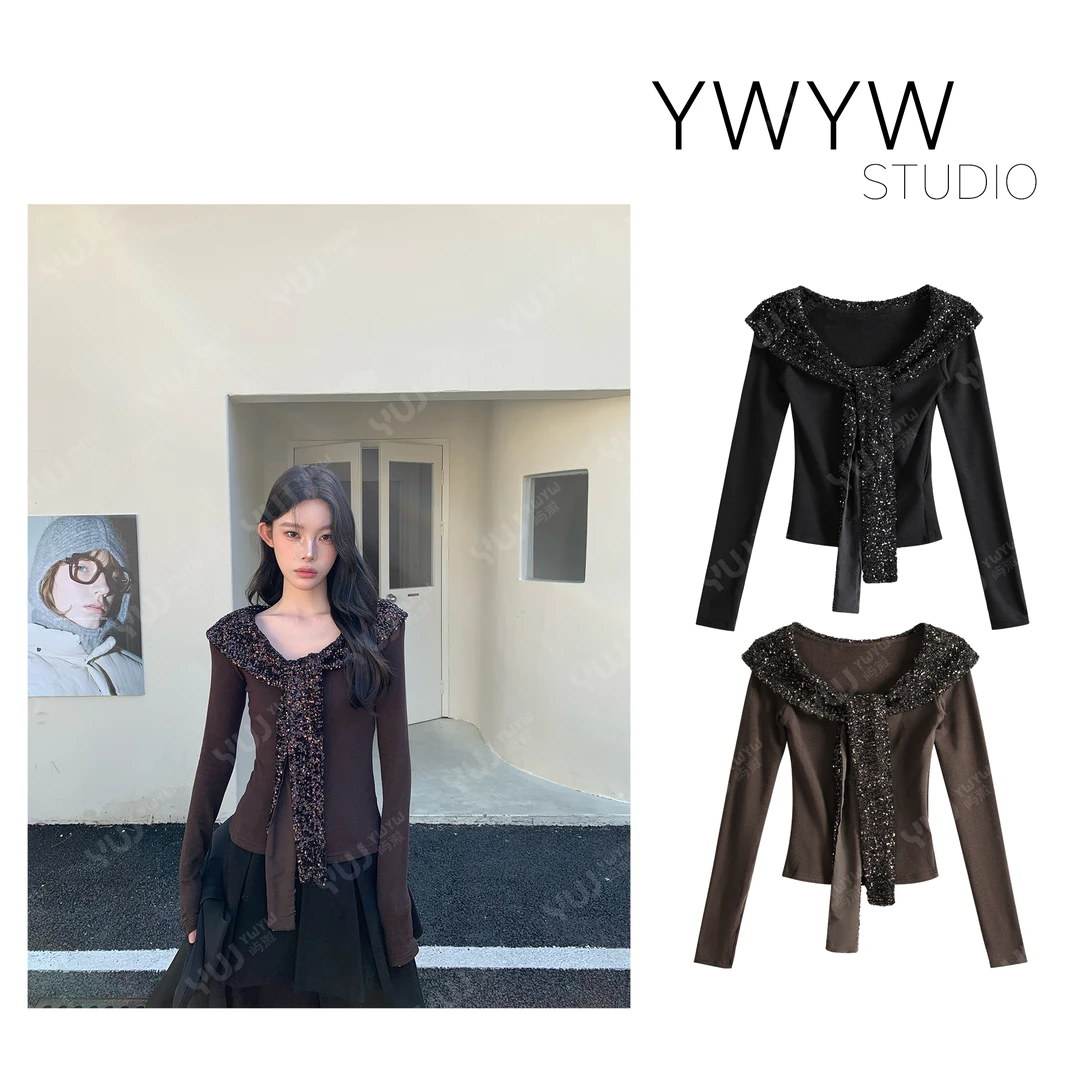 【YWYW25F/W】亮片荷叶边绑带修饰领口长袖夹绒打底针织衫5927