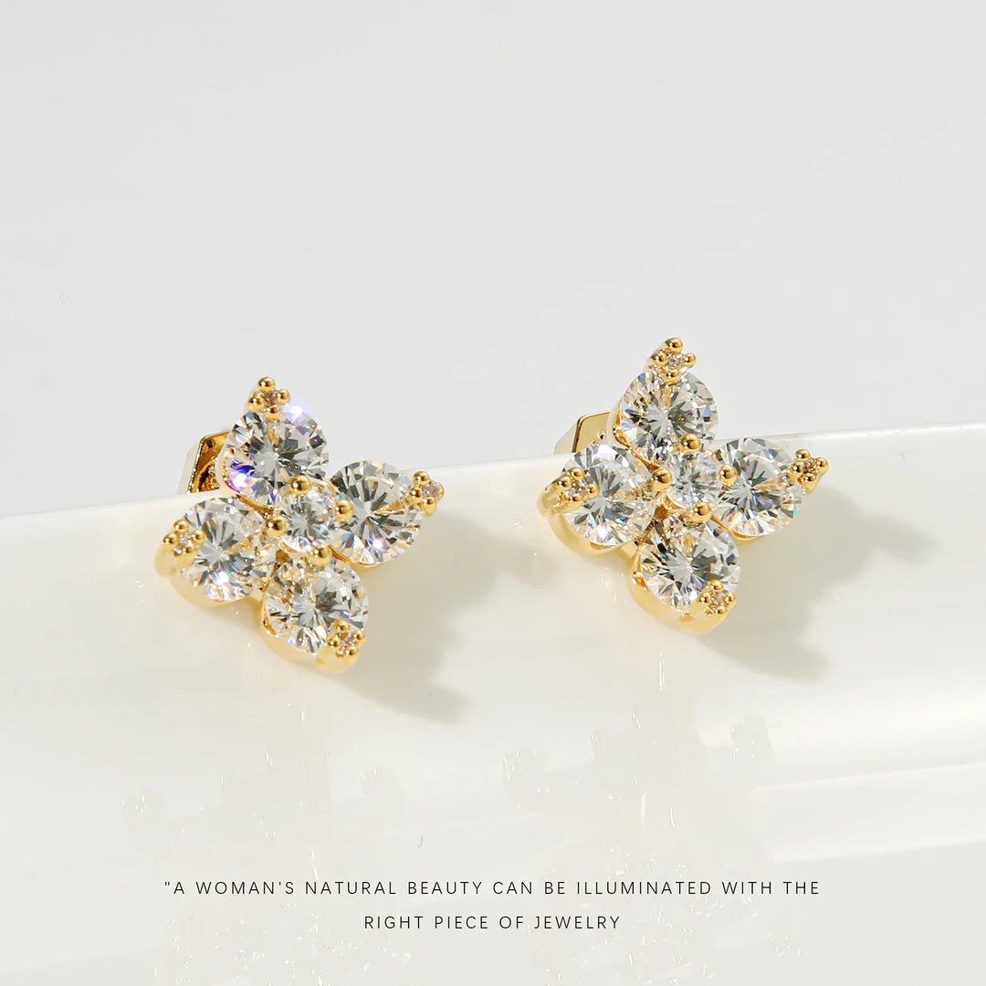 铜合金合成锆石耳饰 【闪耀四叶草】气质时尚耳钉A687