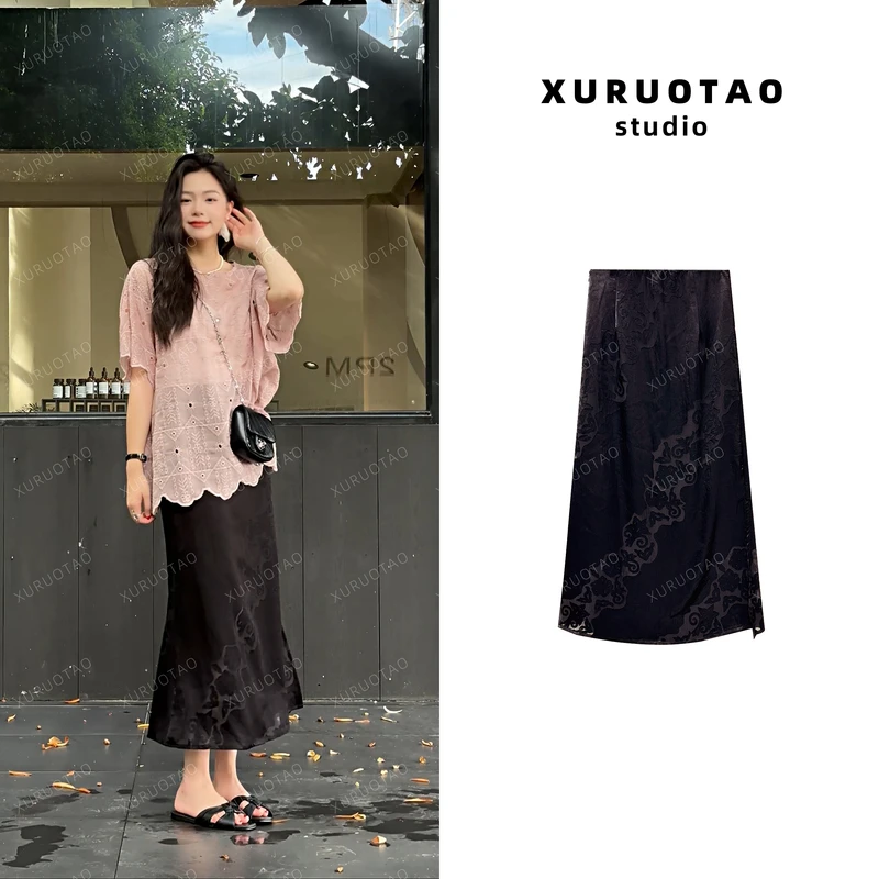 XURUOTAO 【阿那亚半裙】醋酸提花设计显瘦高腰黑色半身裙 T5432