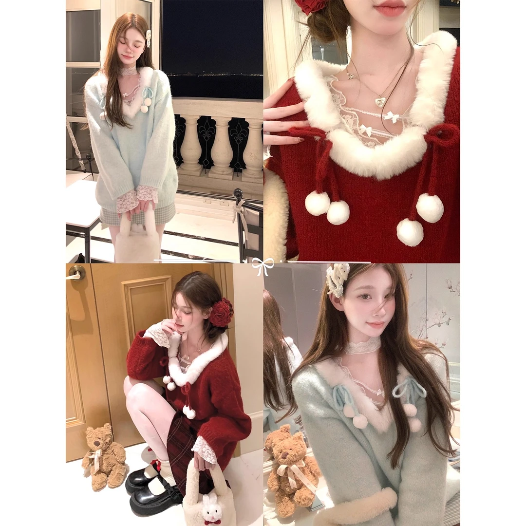 溪溪靓衫柔光玉兔红色毛衣女针织慵懒高级感上衣