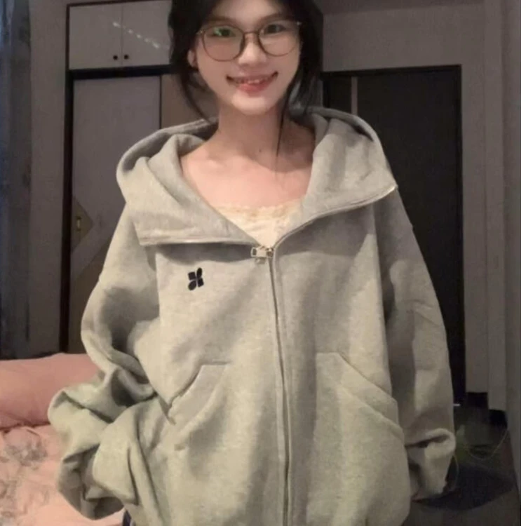 好质量美式复古高领开衫连帽卫衣潮牌宽松休闲情侣装刺绣廓形外套