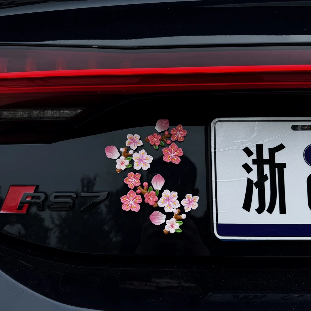 车载3D立体桃花车贴车尾中控台电动车落地镜花朵装饰品树脂樱花
