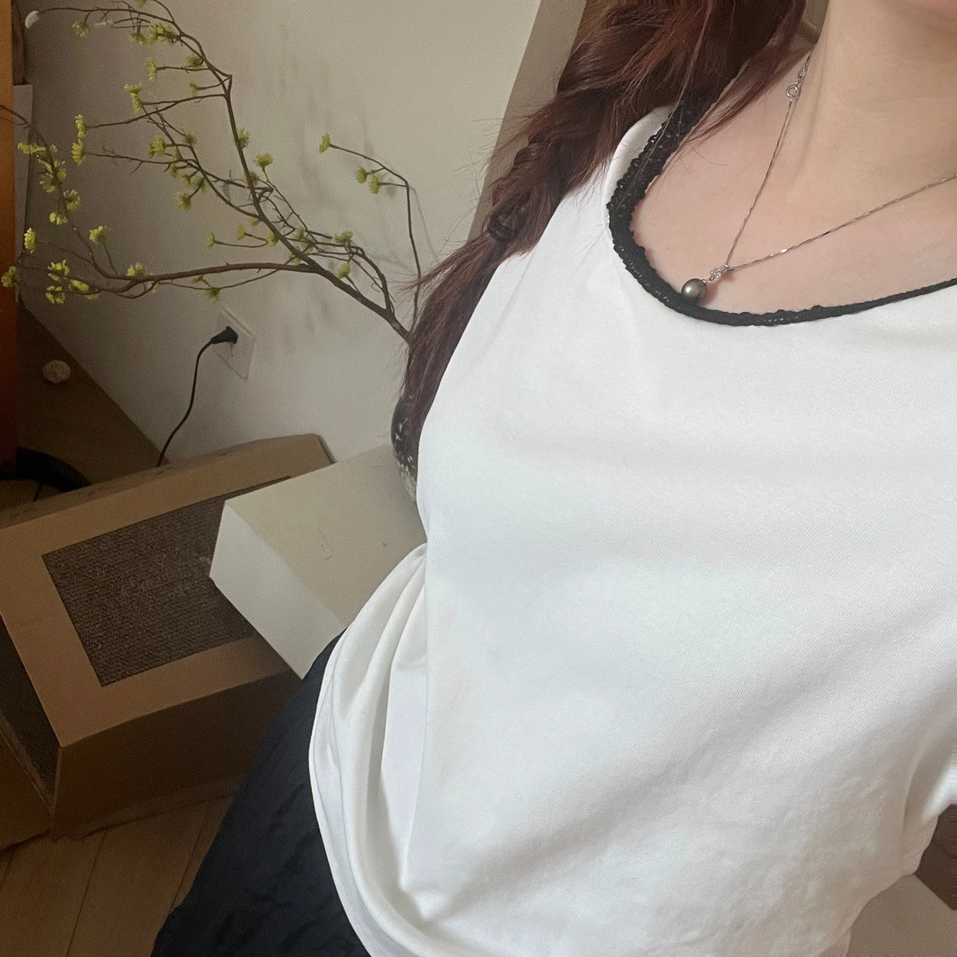 GTNER精梳棉蕾丝拼接短袖T恤夏季薄款收腰显瘦上衣D1997