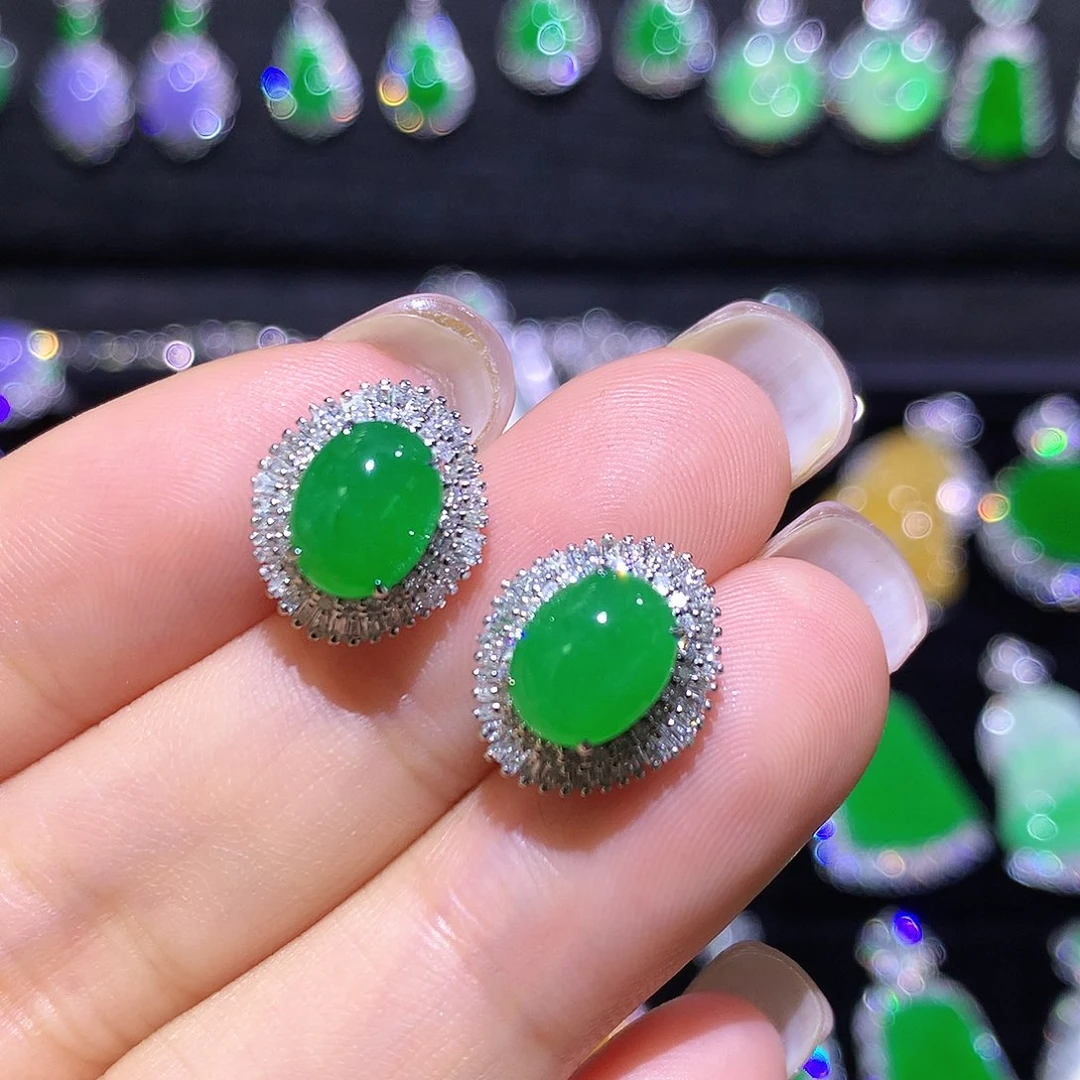 翡翠18K金镶嵌耳饰高冰满绿