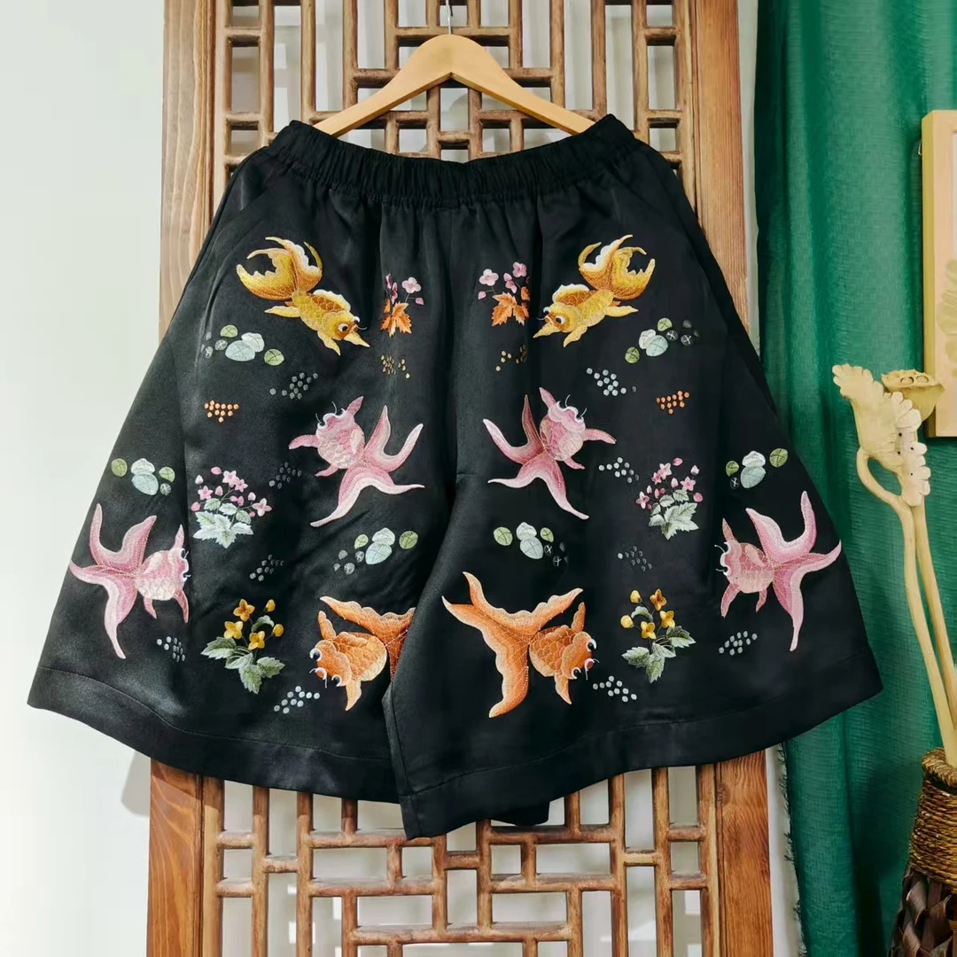 （ LK135-20）凤徕兮定制黑色光板底彩色金鱼刺绣全松紧加衬六分裤