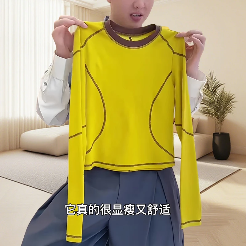 柠檬黄色系独特别致拼色长袖t恤女士小个子正肩打底衫休闲上衣ins