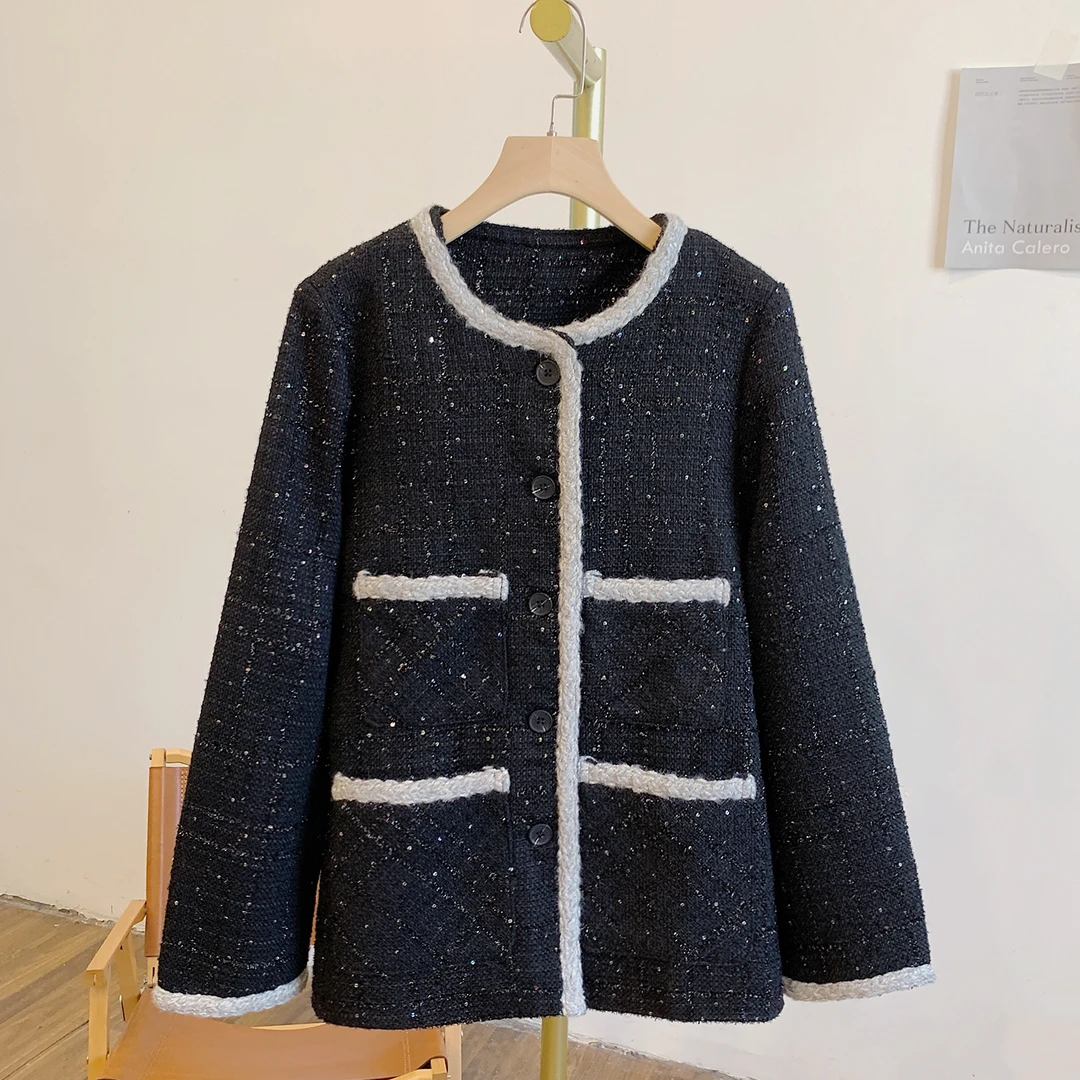 香香外套Y3175拼色编织纹圆领小香风外套