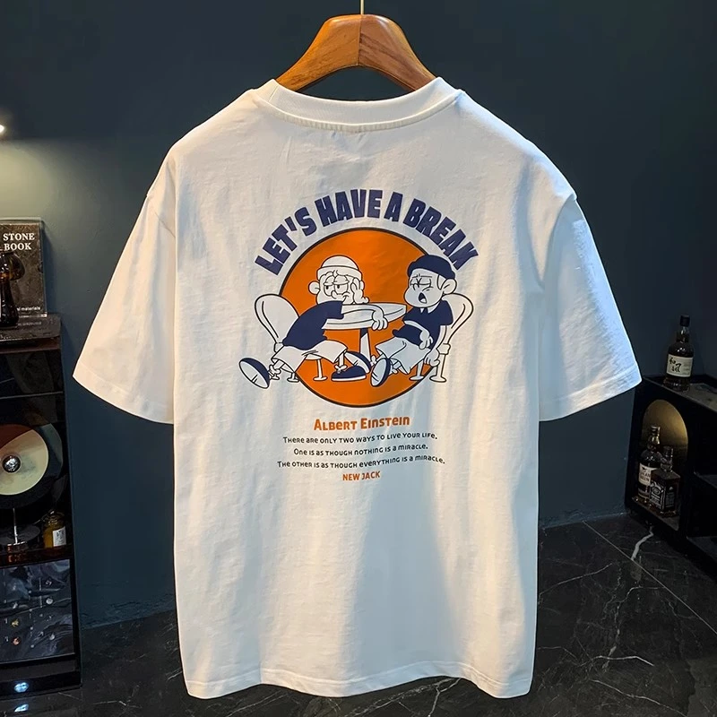 Moleubak 100新疆棉短袖T恤男夏季薄款印花宽松白色体恤纯棉休闲